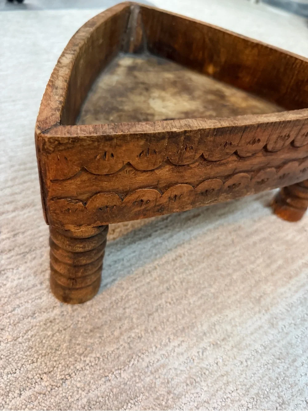 Indian Hand-Carved Wooden Triangular Chakki Table Stand